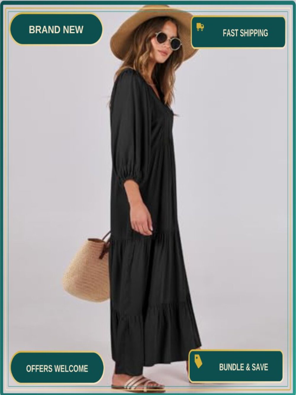 Womens Boho Floral Maxi Dress Long Sleeve Puff Sleeve Rayon A-Line V-Neck Tiered - Picture 3 of 6